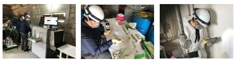 (左から順に)X線装置によるコンデンサ形状確認、スクリーニング検査によるPCB漏洩確認、エコマネージDXでのデータ登録作業