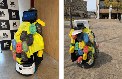 キャンパス内をテスト走行する配膳ロボット