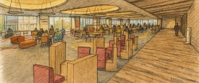 研究実験棟IV 1階の学生ホールに、コメダ珈琲店で使用されるソファと谷田研究室が考案したスリット家具を組み合わせた「次世代のくつろぎ空間」のイメージ