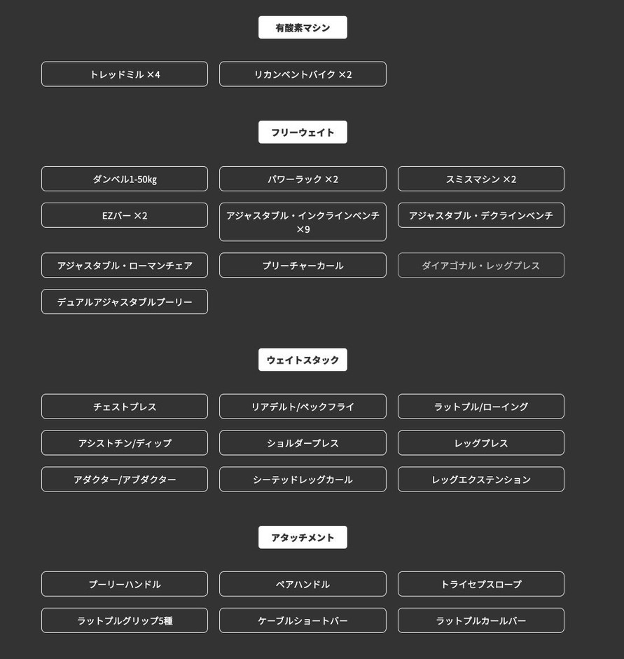 有酸素マシン、フリーウェイト、ウェイトスタック、アタッチメントなど30種類以上のトレーニングマシンを完備