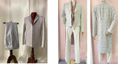 「メンズ和服スーツ」:仙波ゼミ4年 川口太一(左)、「レディース和服スーツ」:仙波ゼミ4年 柴田明依(右)