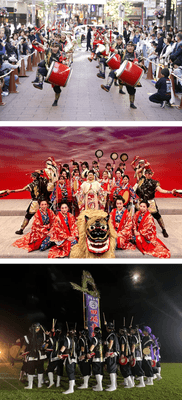 (上)エイサー賑わい　(中)琉球歌舞団 紅華風-KAFU-　(下)田場エイサー