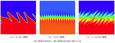 図1 2種類の超流動体(赤と青の領域)の界面(黄緑)が形成する様々な模様