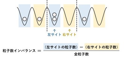 図2：粒子数インバランスの概念図。この例での粒子数インバランスは、(4-1)/5=0.6となる。