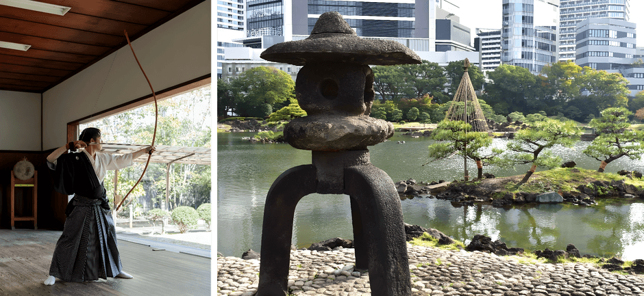 左:弓道の見学会(昨年度開催の様子) 右:園内風景(11月下旬の様子)