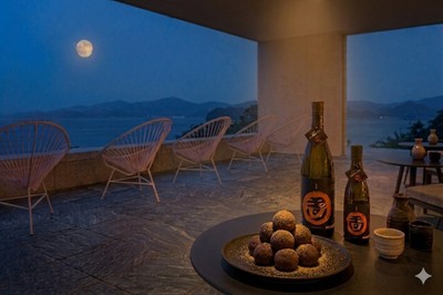 夜更けになると月が海へと沈む ※月見酒のイメージ