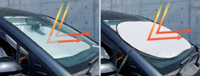 (左)本商品を車内に取り付けた様子 (右)本商品を車外に取り付けた様子 フロントガラス自体を熱くさせないことが車内温度上昇を抑える