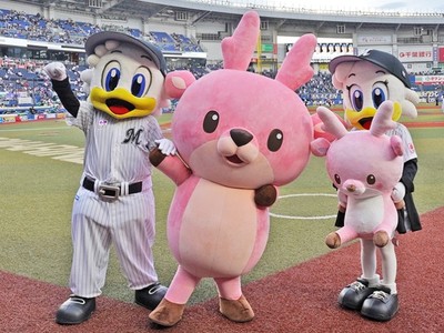 マリーンズのマスコットキャラクターとイワシカちゃん(2024年撮影)