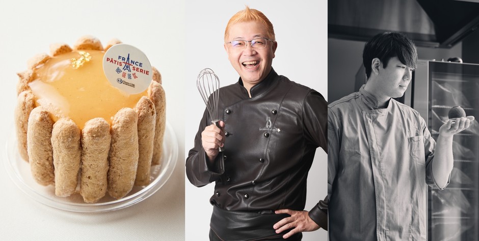 「LE CHOCOLAT DE H」の「シャルロットポワール」とオーナーシェフ 辻口 博啓氏(中央)、スーシェフ 川端 慎也氏(右)