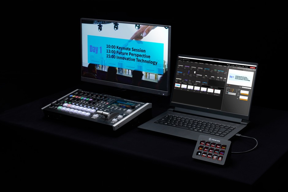「Graphics Presenter」と「Stream Deck」、ビデオ・スイッチャー「V-80HD」の連携イメージ