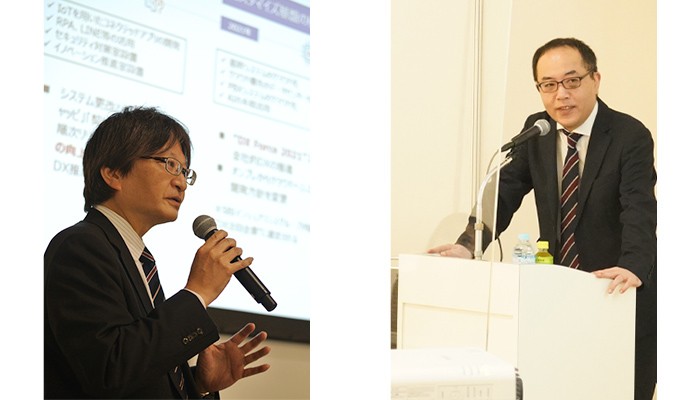 登壇時の五十嵐(左)と齋藤(右)