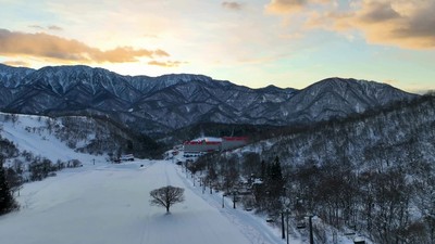 朝日に照らされる池の田ゲレンデ。白馬が誇る美しい冬の景色。