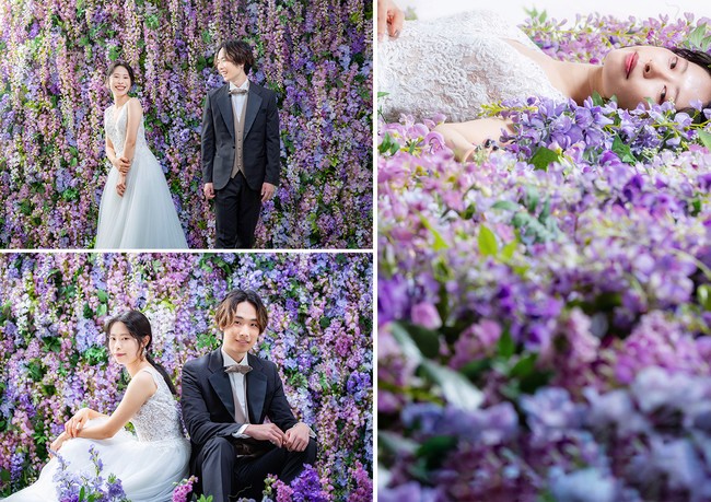 立ったり座ったり、ナチュラルな雰囲気のショットに加えて、お花畑に寝そべっているような幻想的なショットなども撮影が可能です。
